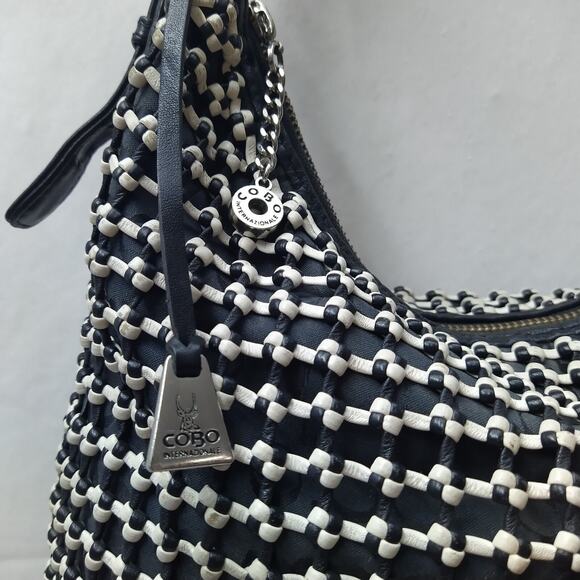 COBO International Black Nylon Mesh Woven Front Pocket Zipper Hobo Shoulder Bag - Picture 4 of 16